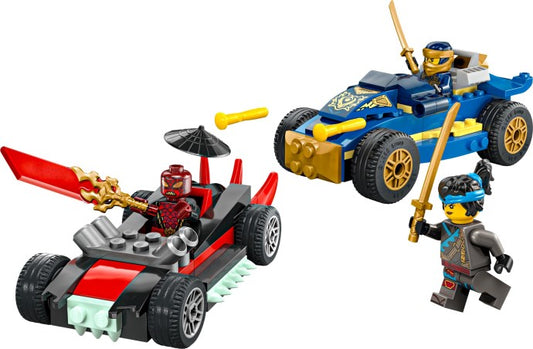 LEGO® NINJAGO® Rogue vs. Drix Racewagenduel, Ninjaspeelset met 3 Minifiguren, 2 Raceauto's, 2 Ninjakatana's en een Onthullingszwaard, Cadeautje voor Kinderen Vanaf 4 Jaar 71840